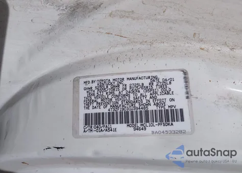 2001 Toyota Sienna Ce из США, поврежденный, VIN 4T3ZF19C31U394485